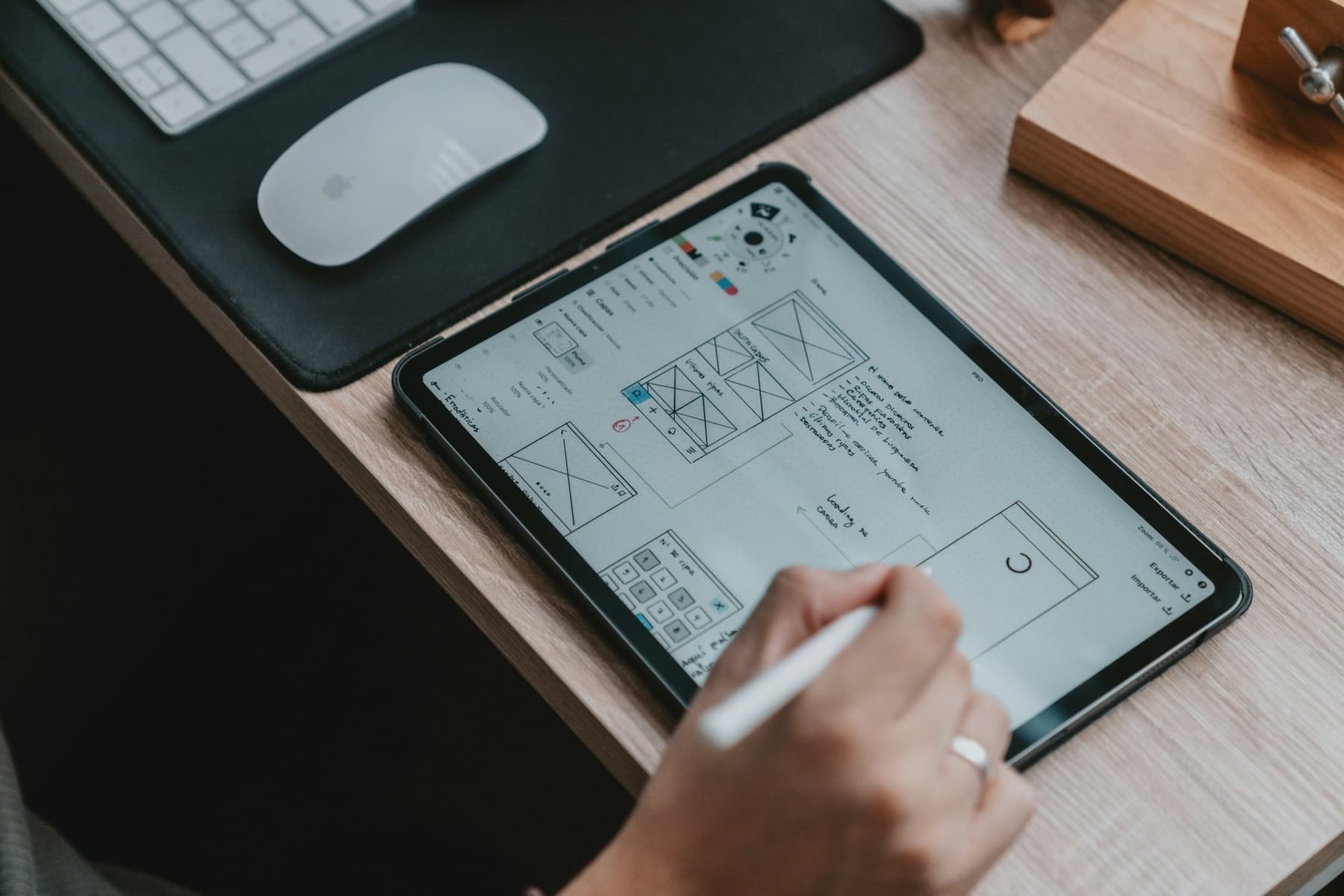 Website wireframes being drawn on a tablet with a stylus.